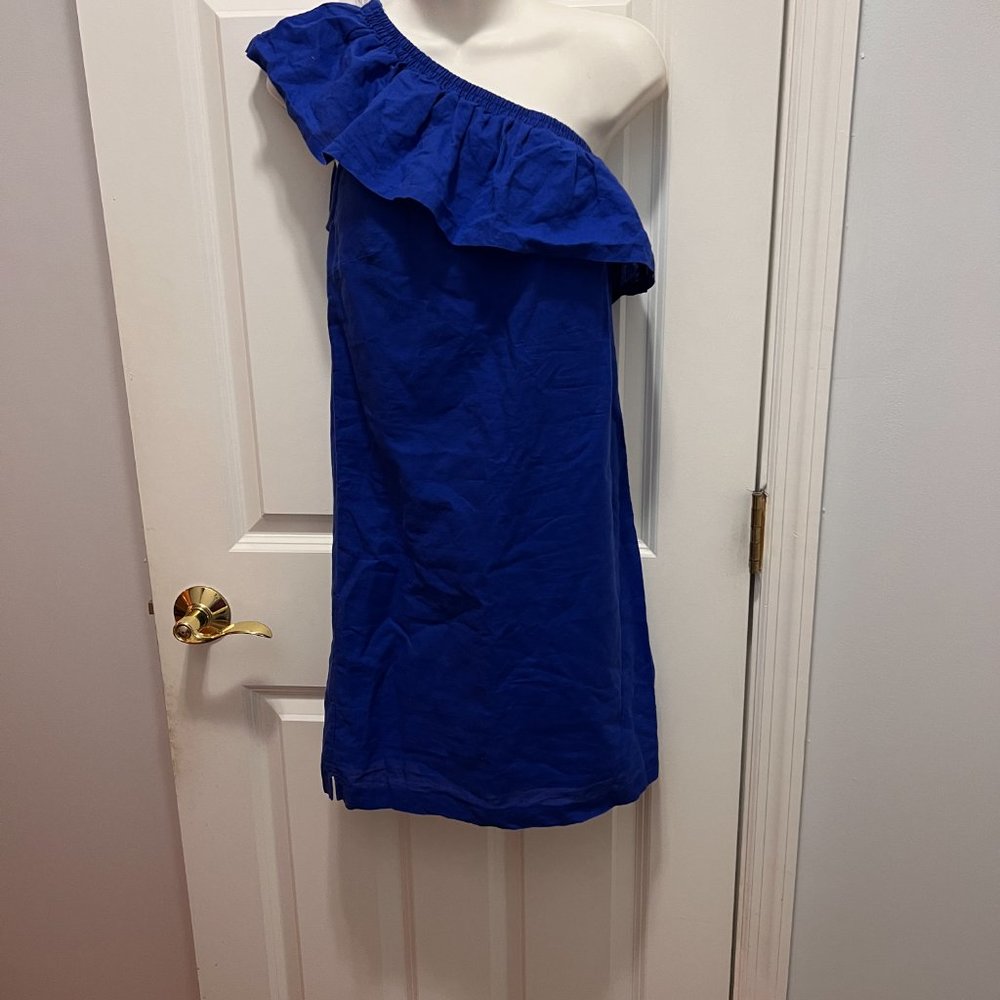 J.Crew One Shoulder Ruffle linen blend blue dress XXS
